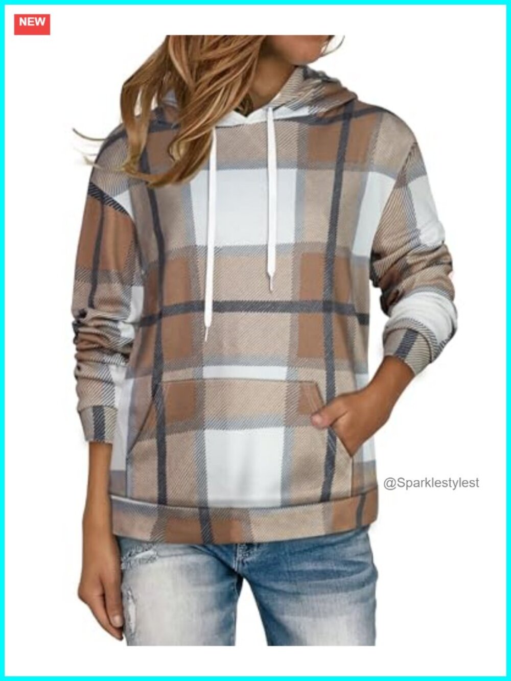 Womens Oversized Plaid Hoodie Drawstring Pullover Pocket Sweatshirt